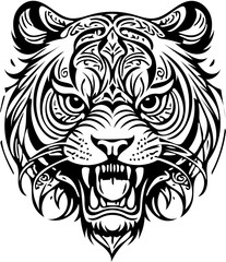 Fototapeta premium Stylized tiger skull fusion, abstract tattoo design, black and white vector