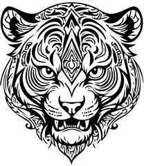 Obraz premium Stylized tiger skull fusion, abstract tattoo design, black and white vector