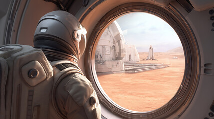 A person in a spacesuit looks out from a research habitat on Mars, observing the nearby base and rocket