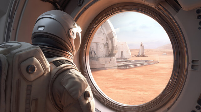 A person in a spacesuit looks out from a research habitat on Mars, observing the nearby base and rocket