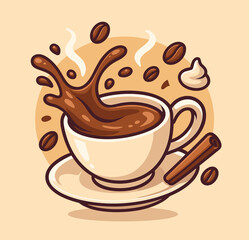 Obraz premium Coffee cup with splash floating cartoon vector icon illustration hot beverage object flat vector 