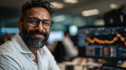 Fototapeta premium Man stock trader smiling at his desk with blurred financial charts on monitors in the background, business finance footage.