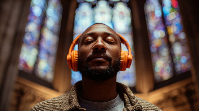 A black African American man meditates with orange headphones in a church, finding peace and spiritual connection through music and a calm atmosphere, captured on video.