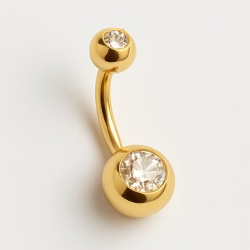 Golden curved belly button ring with two round champagne-colored crystals, photographed isolated on white.