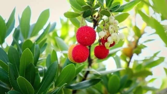 Close-up of Arbutus unedo Berries on Branch with Flowers
