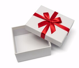 Open White Gift Box with Red Ribbon Bow Isolated on White Background