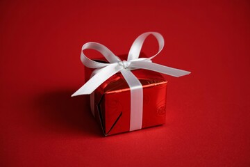 Small Red Gift Box with White Ribbon Bow on Red Background