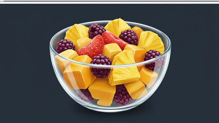 Exotic Fruit Medley in a Bowl: A vibrant, appetizing medley of freshly cut tropical fruits, including mango, pineapple, and berry, is artfully arranged in a clear glass bowl.