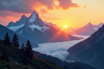 Golden sunrise paints alpine peaks, mist below , alpine, sky, wild