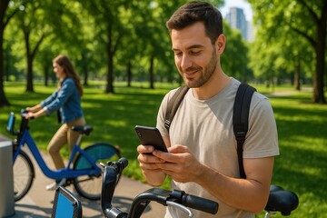 Naklejka premium Eco Friendly Transport Bike Sharing App Sustainable City