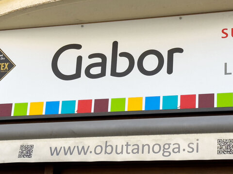 Ljubljana, Slovenia - June 03, 2025: Gabor brand storefront sign showcasing colorful design elements and logo, representing a vibrant retail atmosphere for footwear and accessories