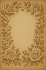 Vintage Engraved Rose Floral Frame on Sepia Old Paper Texture