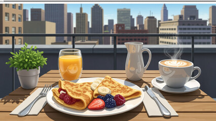 Breakfast with a City View: A picturesque breakfast spread unfolds on a rooftop terrace, featuring fresh crepes, juice, and coffee. The city skyline forms a stunning backdrop.