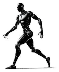 Monochrome image of a cyborg walking on a white isolated background. Vector graphics. EPS.