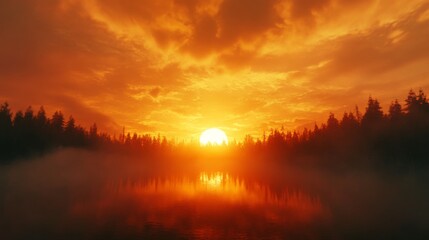 Dramatic sunset with swirling clouds over tranquil forest lake, time-lapse scene