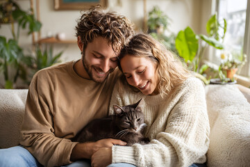 Fototapeta premium happy couple sitting on a cozy sofa with their adopted cat