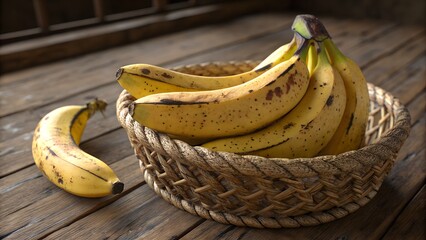 A bunch of ripe bananas with brown spots sits in a rustic woven basket on a wooden table