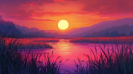 Peaceful sunset over coastal marshland with golden light reflecting on water and tall grasses