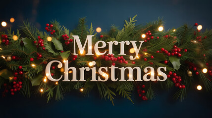 Christmas Garland with Golden Baubles and Festive Lights on Blue Background