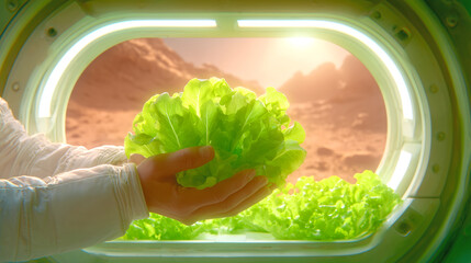 A person holds a vibrant head of lettuce inside a greenhouse on Mars. The glowing sunlight filters through the transparent dome, illuminating the fresh greenery, symbolizing life on the red planet