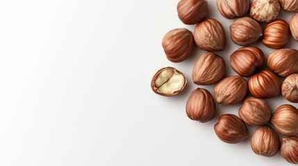 Obraz premium Hazelnuts scattered on a neutral background with one nut split open revealing the inner kernel