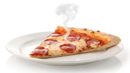A slice of pepperoni pizza sits on a white plate isolated on white background with steam rising from it