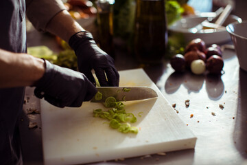 Chef chopping green onions on cutting board in professional kitchen