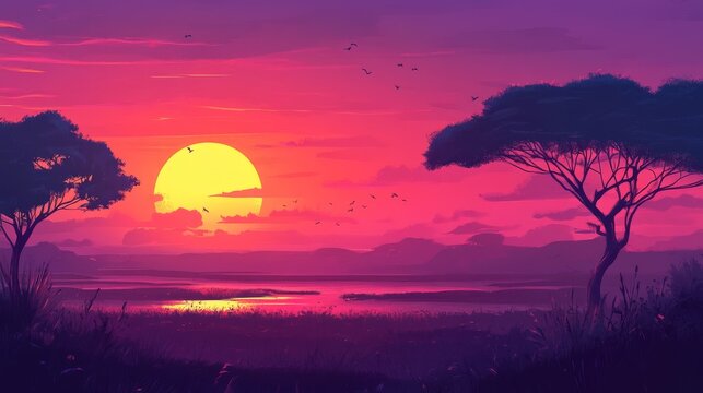 Sunset over African savanna with acacia trees and wildlife, vector landscape illustration