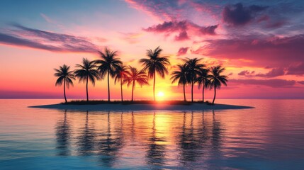 Obraz premium Sunset over a tropical island with palm trees and calm ocean waves, 3d illustration