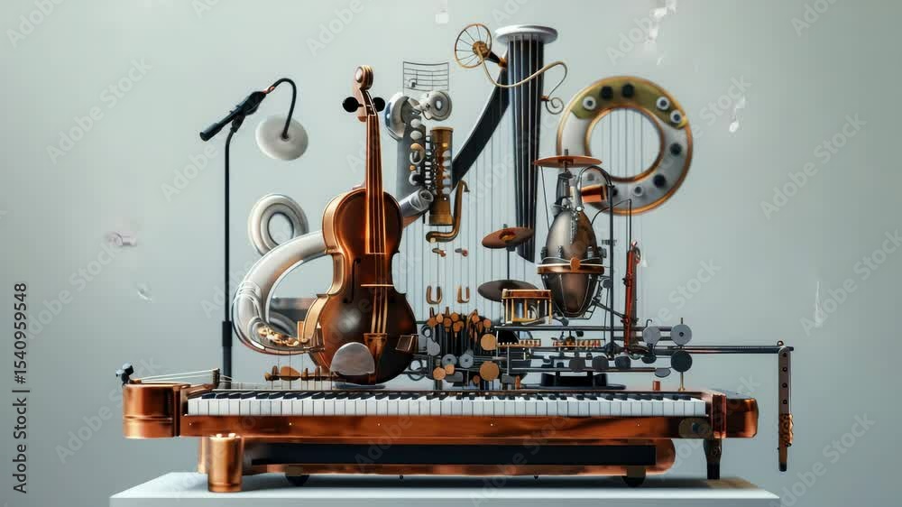 Poster Intricate musical sculpture showcases a blend of instruments and mechanics in an artistic display