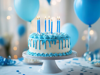 A birthday cake atop a decorated table with cool blue tones of light and white frosting, light blue candles, and blue-themed party decorations create an elegant and cheerful atmosphere.