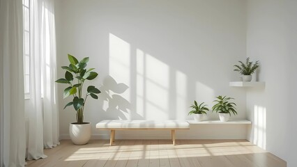 Sunlit Minimalist Room with Fiddle Leaf Fig & White Bench