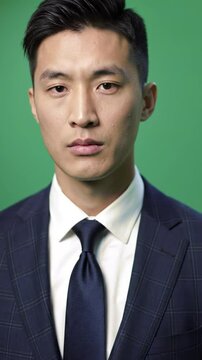 An Asian man standing without saying a word, very well dressed and with his hair done, just staring at the camera, against a green screen background.
