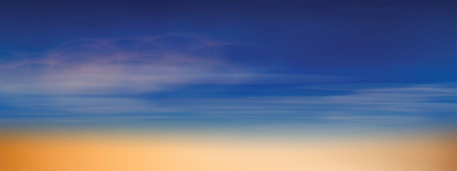 Atmosphere background of sky, morning sky with rising sun, orange horizon, bright blue sky with light clouds coloring. Sky banner.