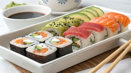 A white rectangular platter displays an assortment of sushi rolls including salmon tuna and avocado alongside soy sauce and wasabi