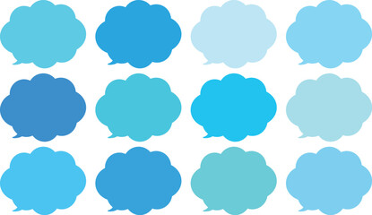 青い雲の形をしたモコモコの吹き出しセット。田１２色の青色のふきだし。使いやすいセット。