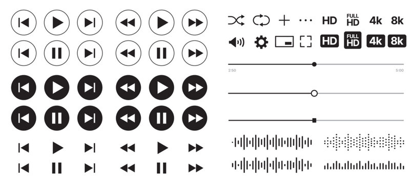 set of Black and white media control icons vector with transparent PNG background, multimedia interface buttons including play pause rewind skip forward settings volume sliders shuffle loop	
