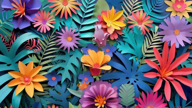 Colorful paper flowers and leaves create a vibrant background for creative projects in a bright and cheerful setting