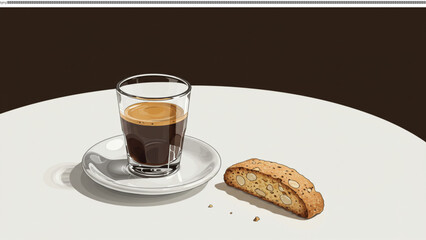Espresso and Biscotti: A perfectly pulled shot of espresso in a glass, served alongside a crispy biscotti, creates a moment of simple yet sophisticated indulgence.