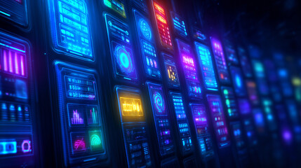 A collection of vibrant and colorful data displays lines the walls of a modern control room, illuminated by bright neon lights