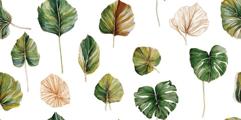 Watercolor Illustration of Various Prehistoric Plant Leaves Seamless Pattern. Earthy Botanical Foliage for textile, packaging, fabric, wallpaper, branding, stationery, wrapping paper interior decor.