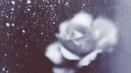 Soft focus rose captured against a textured background with subtle droplets creating an ethereal atmosphere in monochrome tones