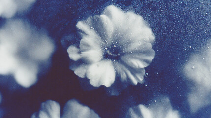 Blurred floral composition with soft petals creating a serene atmosphere in cool blue tones
