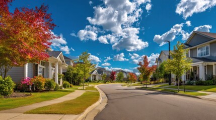Fototapeta premium High-Quality Stock image of modern Residential Homes in a Peaceful Suburban Neighborhood Under Blue Sky.