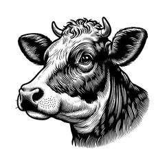 Dairy cow sketch engraving black and white outline. Scratch board imitation.  illustrated in vintage line art style on a white background.