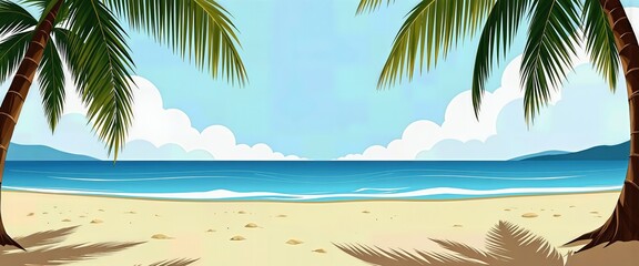 Obraz premium Vibrant Beach Scene with Palm Trees, Cloudy Sky, and Serene Water Background. A tropical beach scene with palm trees and the ocean.