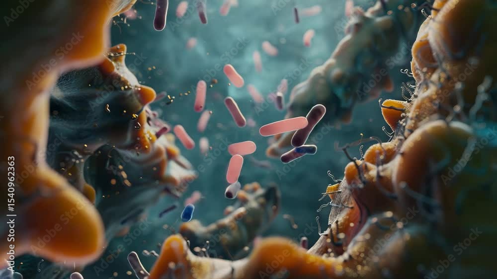 Poster Exploring microscopic life in a vibrant environment filled with colorful bacteria in a complex ecosystem at the cellular level