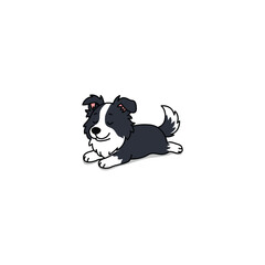 Cute border collie dog lying down with its eyes closed cartoon, looking peaceful and happy, vector illustration