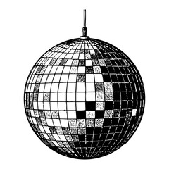 Disco ball sketch engraving black and white outline. Scratch board imitation. illustrated in vintage line art style on a white background.