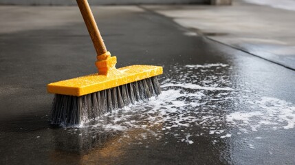 High-Quality Stock image of spring cleaning of a modern house driveway, scrubbing a dark concrete block floor with a foam detergent and water using a close-up image of a broom.